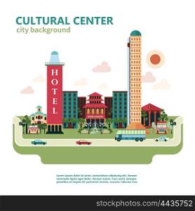 Cultural Center City Background. Cultural center city background with theater church and stores vector illustration