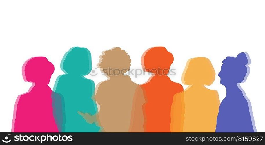 cultural communication, diverse people, interactivity between members of different girls and woman. Silhouette heads faces in profile of multiethnic and multicultural people.