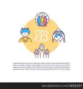 Cultural diversity concept icon with text. International communication. Unity and solidarity. PPT page vector template. Brochure, magazine, booklet design element with linear illustrations. Cultural diversity concept icon with text