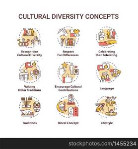 Cultural diversity concept icons set. Respect for different nationality. Multi ethnic equality in group idea thin line RGB color illustrations. Vector isolated outline drawings. Editable stroke. Cultural diversity concept icons set