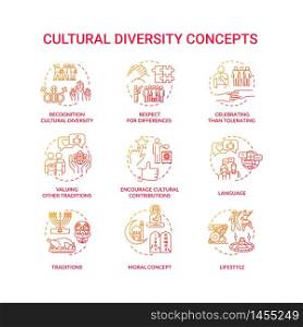 Cultural diversity concept red icons set. Respect for different nationality. Multi ethnic equality in group idea thin line RGB color illustrations. Vector isolated outline drawings. Cultural diversity concept red icons set