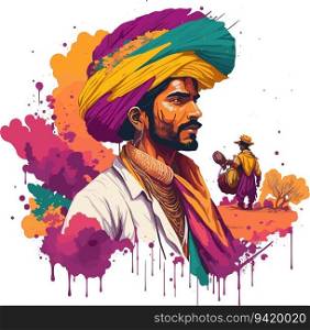 Cultural Essence: Vector Design of an Indian Farmer in Rajasthani Hat with Vibrant Colors and Watercolor Details