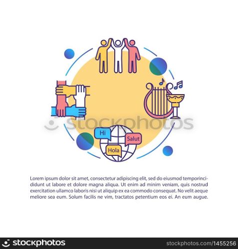 Cultural heritage concept icon with text. Multi racial and multi ethnic cooperation. International unity. PPT page vector template. Brochure, magazine, booklet design element with linear illustrations. Cultural heritage concept icon with text