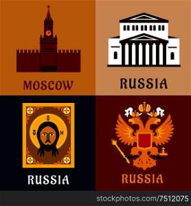 Cultural, historic and religion flat symbols of Russia with Moscow Kremlin tower, double-headed imperial eagle, orthodox icon of Jesus Christ and Grand Theater. Cultural, historic and religion russial flat icons