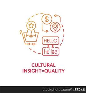 Cultural insight red concept icon. Adaptation for local market. Translation and localization. Quality production idea thin line illustration. Vector isolated outline RGB color drawing. Cultural insight red concept icon