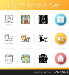 Cultural movements icons set. Medieval and renaissance art styles. Neoclassicism still life painting. Linear, black and RGB color styles. Isolated vector illustrations. Cultural movements icons set