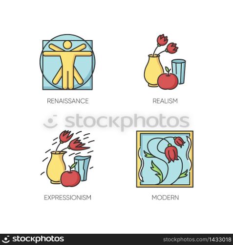 Cultural movements RGB color icons set. Renaissance and modern European art styles. Realism and expressionism paintings. Isolated vector illustrations. Cultural movements RGB color icons set