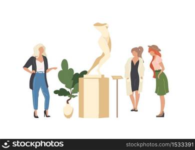 Cultural museum tourist flat color vector faceless characters. People look at human body sculpture. Excursion in art gallery isolated cartoon illustration for web graphic design and animation. Cultural museum tourist flat color vector faceless characters