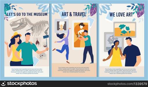 Cultural Recreation for People Motivation Mobile Page Set. Phone Screens Bundle with Invitation for Art Travelling, Pastime at Prehistoric Time Museum and Art Gallery. Vector Illustration