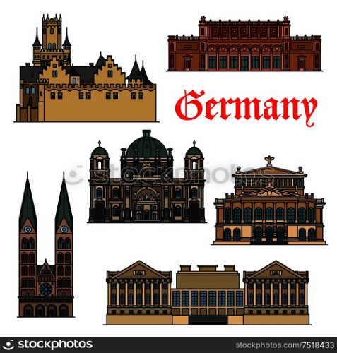 Cultural, religious and historical travel landmarks of Germany icon with thin line Berlin and St. Peter Cathedrals, Alte Oper Concert Hall, gothic Marienburg Castle, Pergamon and Kunsthalle museums. Travel guide thin line icon of german attractions