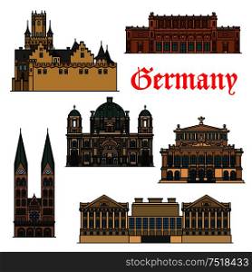 Cultural, religious and historical travel landmarks of Germany icon with thin line Berlin and St. Peter Cathedrals, Alte Oper Concert Hall, gothic Marienburg Castle, Pergamon and Kunsthalle museums. Travel guide thin line icon of german attractions