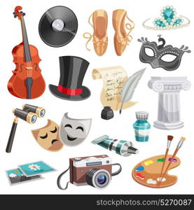 Culture And Arts Set. Culture and arts set including violin palette ballet shoes theatrical masks feather and paper isolated vector illustration