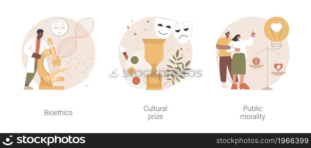 Culture and ethics abstract concept vector illustration set. Bioethics and genetic biotechnology, cultural prize, public morality and ethical standards, nobel laureate, life science abstract metaphor.. Culture and ethics abstract concept vector illustrations.