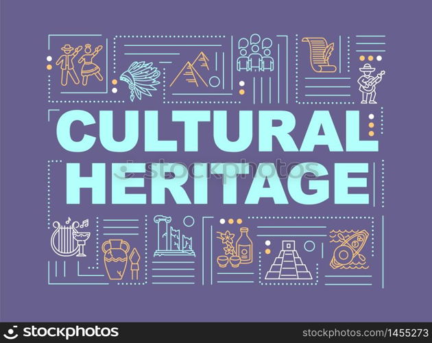 Culture and history word concepts banner. Antique artifact. Folklore and customs. Infographics with linear icons on violet background. Isolated typography. Vector outline RGB color illustration. Culture and history word concepts banner