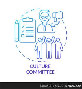 Culture committee blue gradient concept icon. Cross team and corporate values abstract idea thin line illustration. Isolated outline drawing. Roboto-Medium, Myriad Pro-Bold fonts used. Culture committee blue gradient concept icon