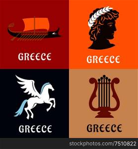 Culture, history and mythology flat icons of ancient Greece with winged Pegasus, greek athlete with laurel wreath, elegant lyre and war galley. Greece culture, history and mythology icons