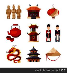 Culture icons set. Traditional chinese elements. Vector illustration in cartoon style. Chinese traditional culture symbol. Culture icons set. Traditional chinese elements. Vector illustration in cartoon style