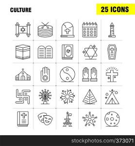 Culture Line Icons Set For Infographics, Mobile UX/UI Kit And Print Design. Include: Drum, Hand, Instrument, Music, Religion, Commandments, Faith, Pray, Icon Set - Vector