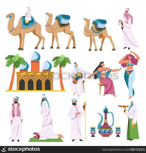 Culture of Araby, Arabic countries and traditions. Dancers and sheikh with camels, Muslims praying by mosque or antique palace. Tea in pot, serving food and desserts for nobility. Vector in flat style. Arabic culture and tradition, dancers and sheikh