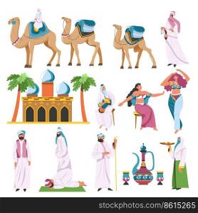 Culture of Araby, Arabic countries and traditions. Dancers and sheikh with camels, Muslims praying by mosque or antique palace. Tea in pot, serving food and desserts for nobility. Vector in flat style. Arabic culture and tradition, dancers and sheikh