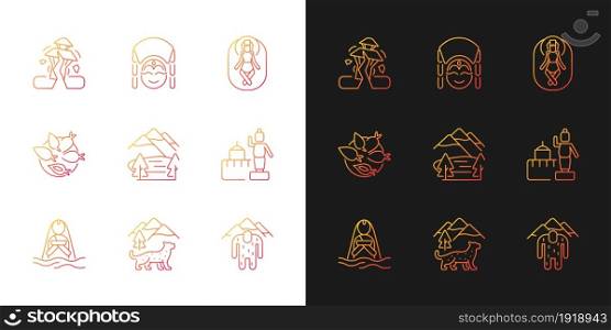 Culture of Nepal gradient icons set for dark and light mode. Trekking destination. Earthquake. Thin line contour symbols bundle. Isolated vector outline illustrations collection on black and white. Culture of Nepal gradient icons set for dark and light mode