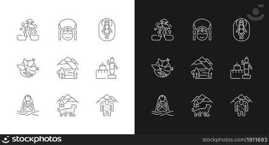 Culture of Nepal linear icons set for dark and light mode. Trekking destination. Earthquake. Religious sites. Customizable thin line symbols. Isolated vector outline illustrations. Editable stroke. Culture of Nepal linear icons set for dark and light mode