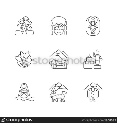 Culture of Nepal linear icons set. Trekking destination. Earthquake. Religious sites. Nepalese festivals. Customizable thin line contour symbols. Isolated vector outline illustrations. Editable stroke. Culture of Nepal linear icons set