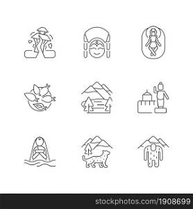 Culture of Nepal linear icons set. Trekking destination. Earthquake. Religious sites. Nepalese festivals. Customizable thin line contour symbols. Isolated vector outline illustrations. Editable stroke. Culture of Nepal linear icons set