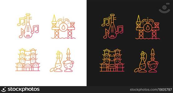 Culture of Singapore gradient icons set for dark and light mode. Pipa musical instrument. Thin line contour symbols bundle. Isolated vector outline illustrations collection on black and white. Culture of Singapore gradient icons set for dark and light mode
