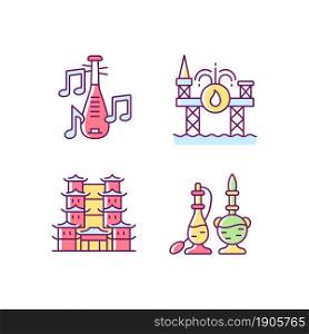 Culture of Singapore RGB color icons set. Pipa musical instrument. Offshore drilling. Tooth relic temple. Vintage perfume bottles. Isolated vector illustrations. Simple filled line drawings collection. Culture of Singapore RGB color icons set