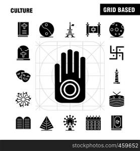Culture Solid Glyph Icons Set For Infographics, Mobile UX/UI Kit And Print Design. Include: Drum, Hand, Instrument, Music, Religion, Commandments, Faith, Pray, Icon Set - Vector