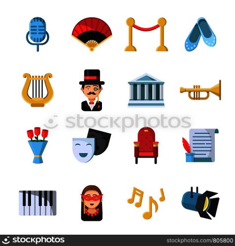Culture symbols. Masks and others theatre icon set. Vector theater and culture, entertainment comedy performance illustration. Culture symbols. Masks and others theatre icon set