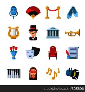 Culture symbols. Masks and others theatre icon set. Vector theater and culture, entertainment comedy performance illustration. Culture symbols. Masks and others theatre icon set