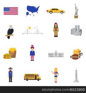 Culture Symbols USA Flat Icons Set. Symbols USA stars and stripes banner eagle national bird and liberty statue flat icons collection vector isolated illustration