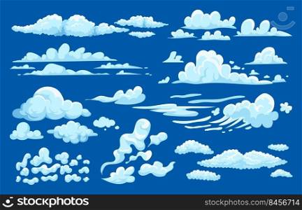 Cumulus clouds. Cartoon game UI 2D asset, summer cloudy sky background, sprite set of vapor fog mist and smoke. Vector cirrus and clouds isolated set. Illustration of cumulus clouds weather. Cumulus clouds. Cartoon game UI 2D asset, summer cloudy sky background, sprite set of vapor fog mist and smoke. Vector cirrus and noctilucent clouds isolated set