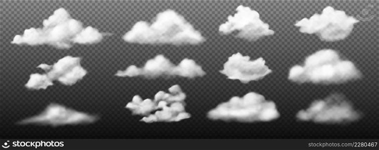 Cumulus clouds. Realistic white summer season cloudscape elements. Sky condensation precipitation mockup isolated on transparent background. Fluffy smoke. Overcast weather. Vector 3D cloudy shapes set. Cumulus clouds. Realistic white summer cloudscape elements. Sky condensation precipitation mockup on transparent background. Fluffy smoke. Overcast weather. Vector 3D cloudy shapes set
