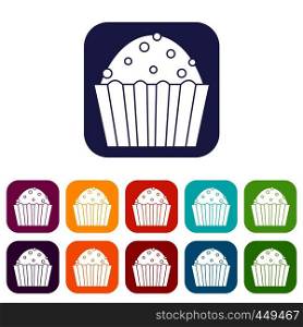 Cup cake icons set vector illustration in flat style In colors red, blue, green and other. Cup cake icons set flat