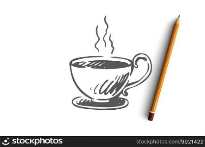 Cup, coffee, cappuccino, hot, americano concept. Hand drawn cup of hot drink concept sketch. Isolated vector illustration.. Cup, coffee, cappuccino, hot, americano concept. Hand drawn isolated vector.