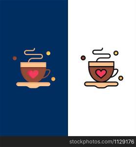 Cup, Coffee, Tea, Love Icons. Flat and Line Filled Icon Set Vector Blue Background