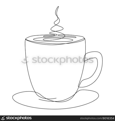 Cup continuous line art. Coffee or tea cup one line drawing. Hot drink with steam. Vector isolated on white.. Cup continuous line art.