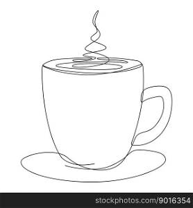 Cup continuous line art. Coffee or tea cup one line drawing. Hot drink with steam. Vector isolated on white.. Cup continuous line art.
