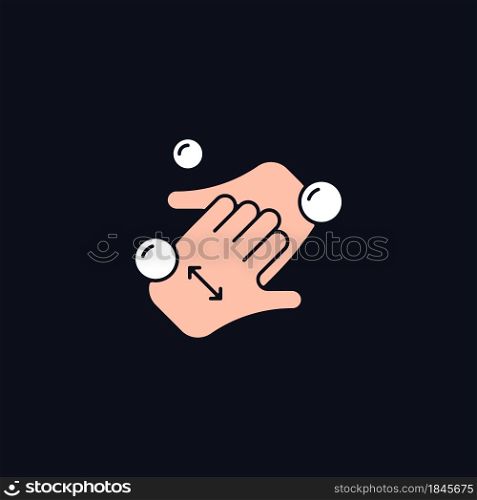 Cup fingers RGB color icon for dark theme. Cleaning hands, nails with soap. Handwashing technique. Isolated vector illustration on night mode background. Simple filled line drawing on black. Cup fingers RGB color icon for dark theme