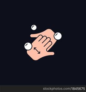 Cup fingers RGB color icon for dark theme. Cleaning hands, nails with soap. Handwashing technique. Isolated vector illustration on night mode background. Simple filled line drawing on black. Cup fingers RGB color icon for dark theme