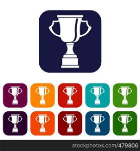 Cup for win icons set vector illustration in flat style in colors red, blue, green, and other. Cup for win icons set