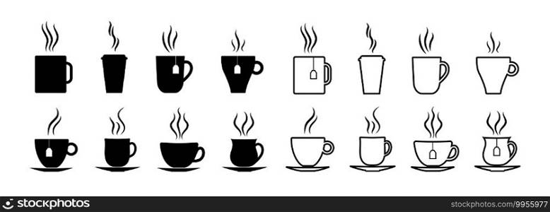 Cup icon for coffee and tea. Cup silhouette for cafe. Hot espresso, latte, cappuccino in mug. Graphic logo for coffee or tea takeaway. Black symbol with steam, smoke and aromatic. Vector.. Cup icon for coffee and tea. Cup silhouette for cafe. Hot espresso, latte, cappuccino in mug. Graphic logo for coffee or tea takeaway. Black symbol with steam, smoke and aromatic. Vector