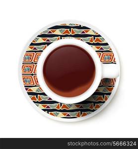 Cup of coffee and ethnic pattern on a saucer. Vector illustration