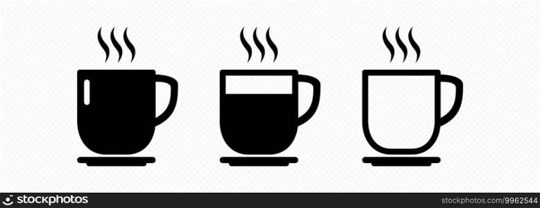 Cup of coffee and tea with steam icon in black.. Cup of coffee and tea with steam icon set in black. Vector on isolated transparent background. EPS 10