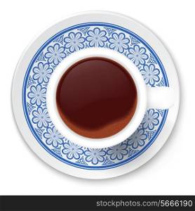 Cup of coffee and tribal pattern on a saucer. Vector illustration