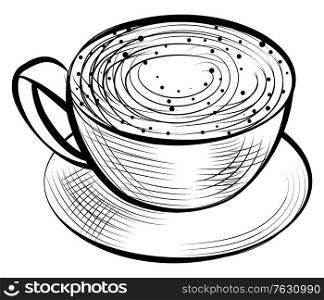 Cup of coffee, aroma beverage with foam, latte or cappuccino beverage. Vector isolated hot drink on saucer, cup with handle. Espresso in dishware, caffeine logo. Cup of Coffee, Aroma Beverage with Foam, Latte