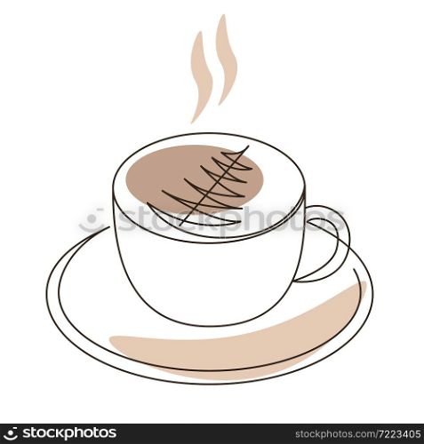 Cup of coffee lineart, vector illustration. Contour drawing of a mug with cappuccino. Coffee decorated with herringbone isolated object.. Cup of coffee lineart, vector illustration.
